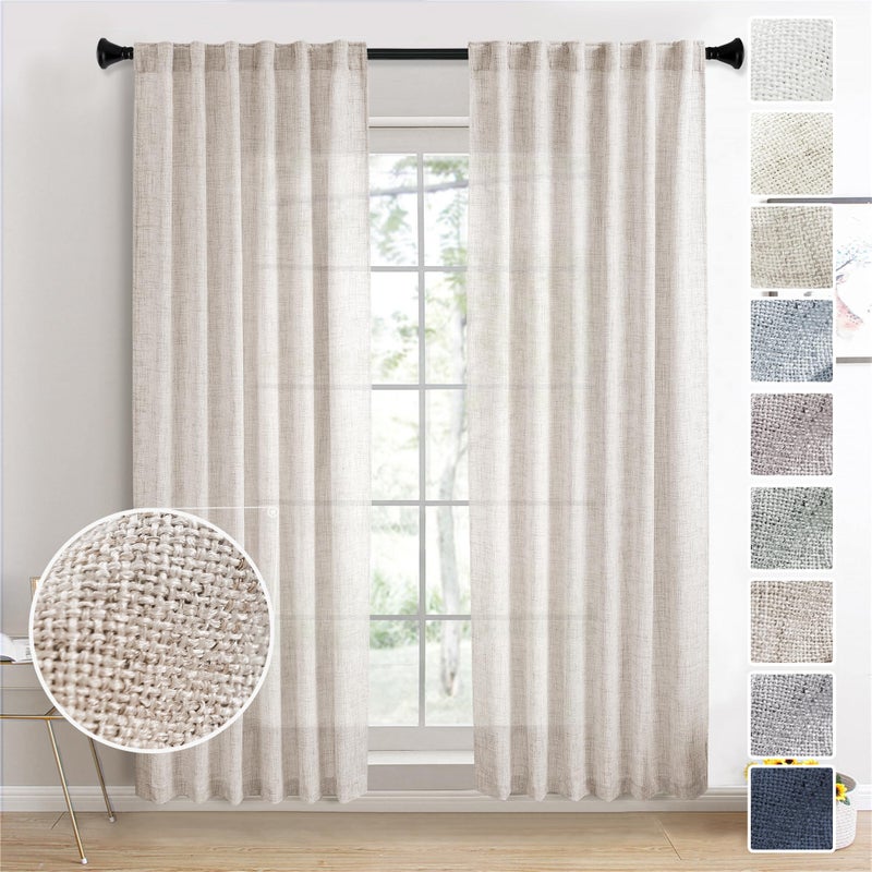 MEETBILY Natural Faux Linen Curtains 84 Inches Long for Living Room 2 Panels Set Rod Pocket Linen Textured Semi Sheer Window Drapes Light Filtering Neutral Modern Farmhouse Curtain Panels for Bedroom - Image 1